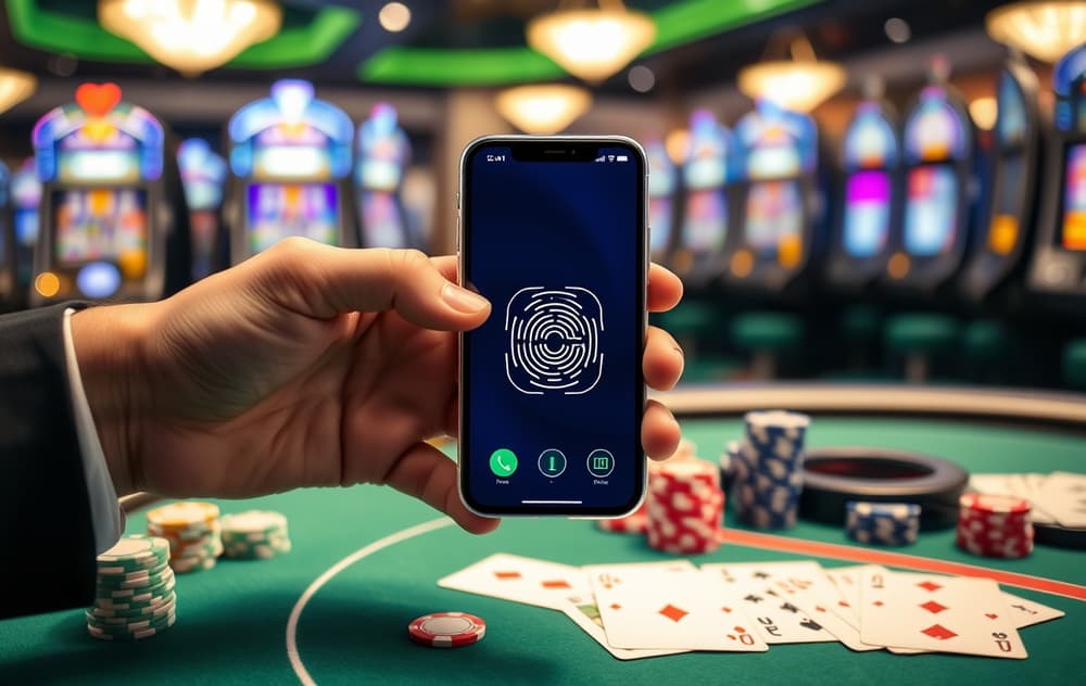 iPhone med Apple Pay over et casino-bord – viser Face ID-autentisering for innskudd.