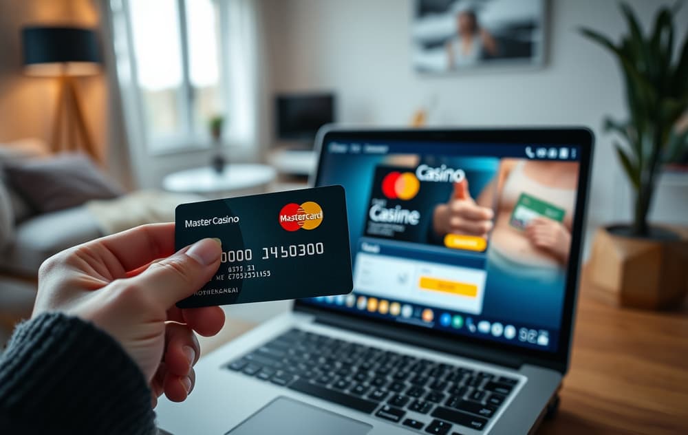 Hånd som holder Mastercard foran laptop med casino kasse – illustrasjon av innbetaling