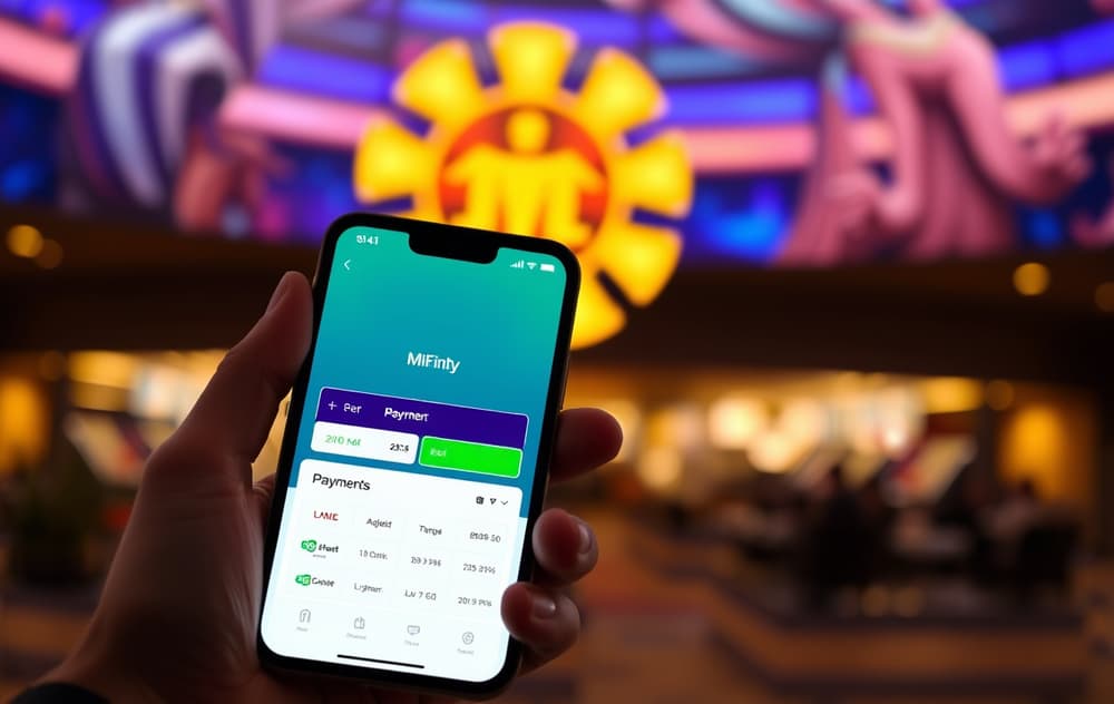 Person med mobiltelefon som viser MiFinity betalingsgrensesnitt, med bakgrunn av et nettcasino.