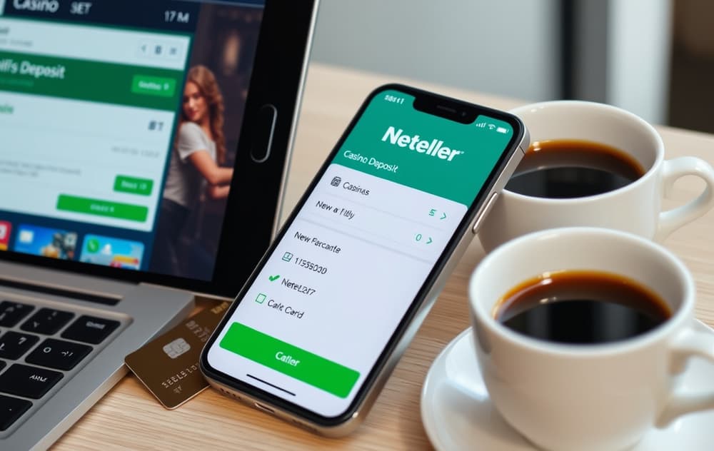 Smarttelefon med Neteller-appen og et casinoinnskudd i bakgrunnen, ved siden av et kredittkort og en kaffekopp.