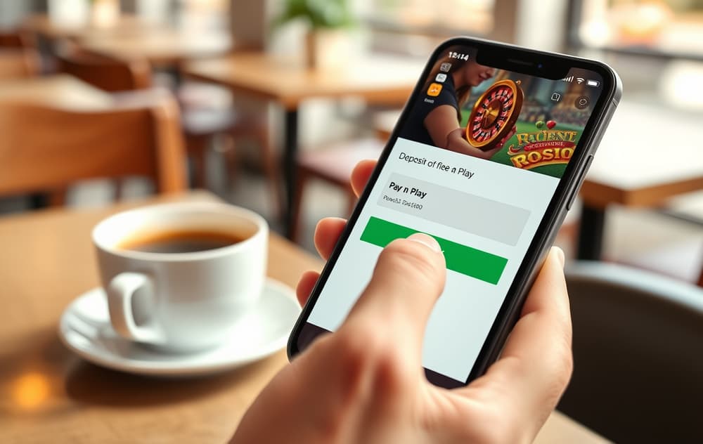 Mobiltelefon med Pay n Play-innskuddsskjerm og BankID-validering i en kaffebar