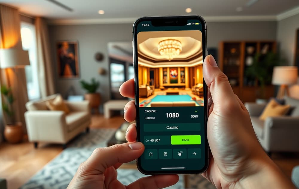 Mobiltelefon med 100 kr saldo på et nettcasino, i en stue.