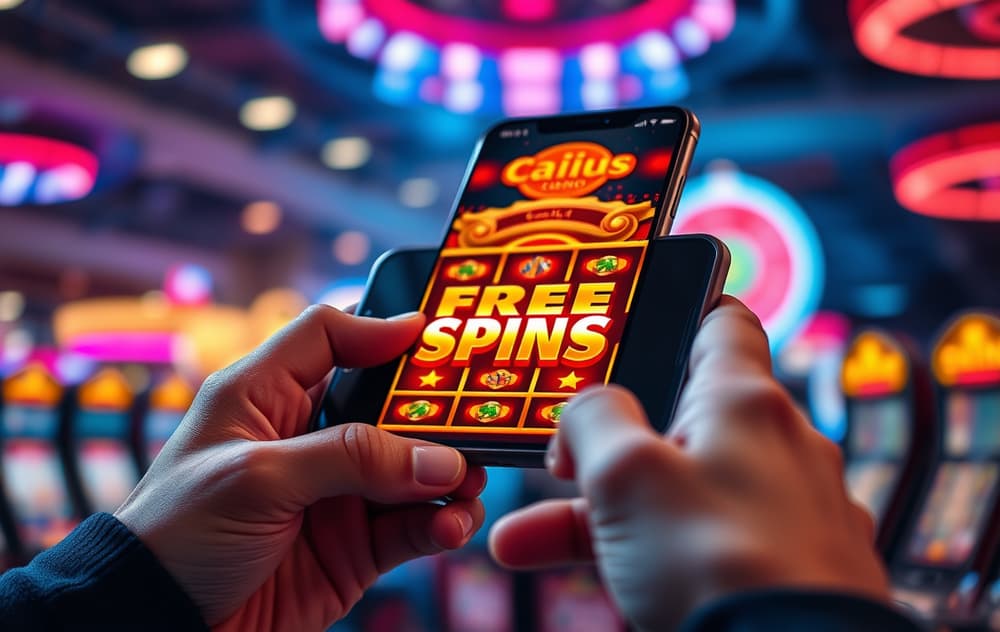 Nærbilde av en mobiltelefon som viser freespins-runden på en spilleautomat, med casino-lignende bakgrunn