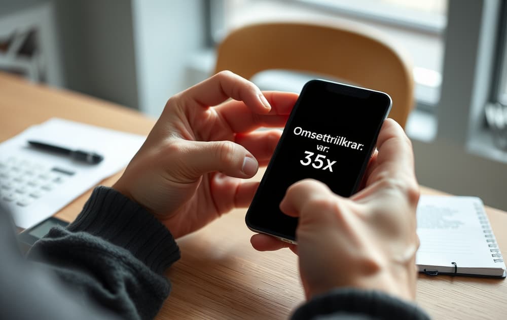 Person som leser bonusvilkår på mobiltelefon med omsetningskrav og kalkulator på bordet.