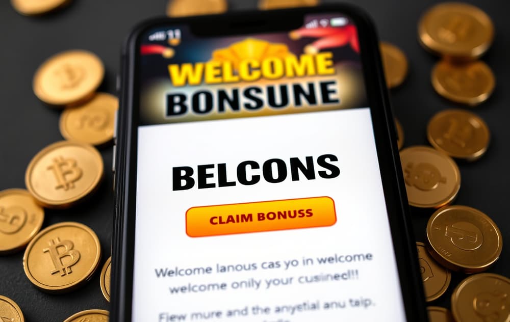 Smarttelefon med velkomstbonus-tilbud fra nettcasino, med gullmynter og en knapp for å kreve bonusen.