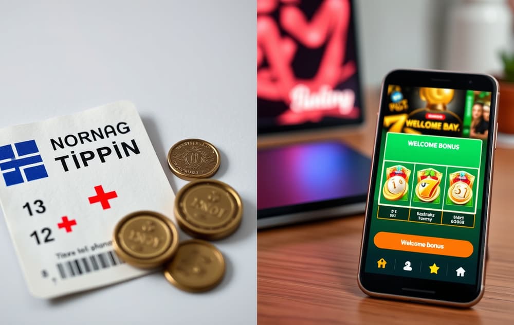 Sammenligning av Norsk Tipping med fysisk lottokupong og nettcasino på mobilskjerm med bonustilbud.