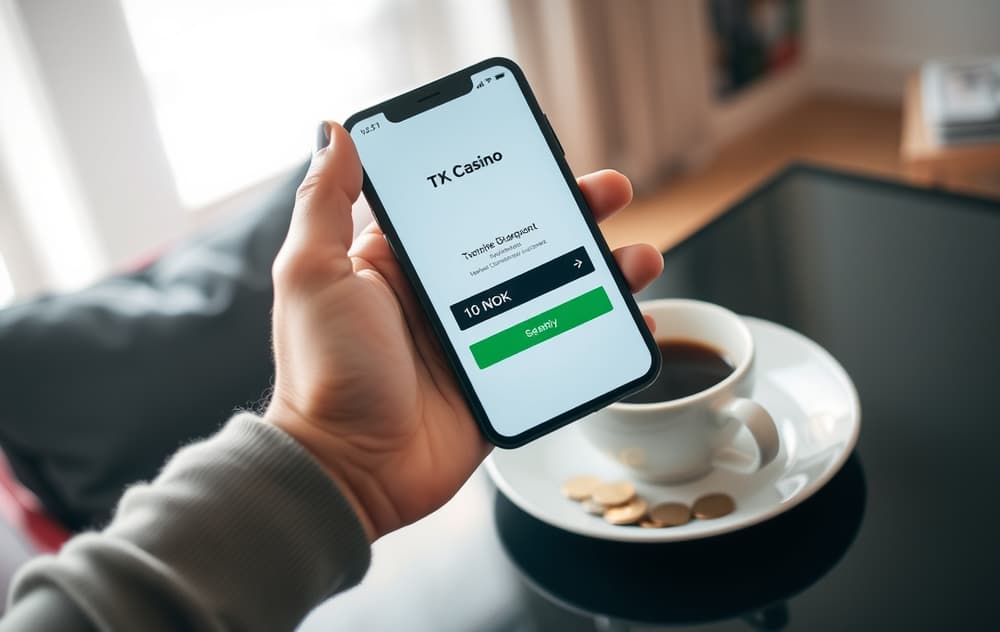 Person som holder mobil med 10 kr innskudd på et casino, ved siden av kaffekopp og mynter.