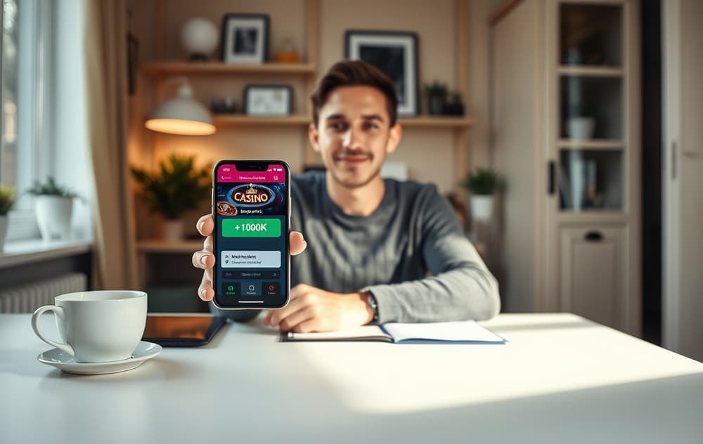 Person med mobil som viser casino med lavt innskudd på 100 kroner