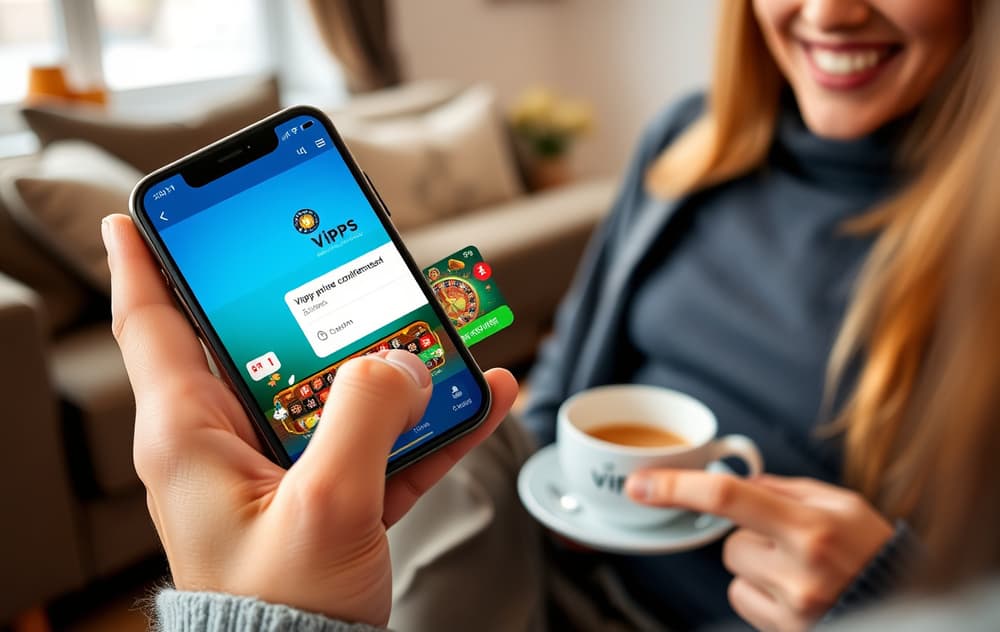 Person som spiller på mobil med Vipps-betaling, i en norsk stue