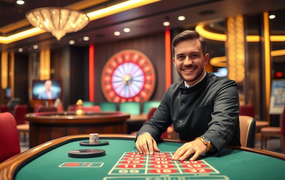 Live casino med ekte dealer ved blackjack-bord, rulett i bakgrunnen.