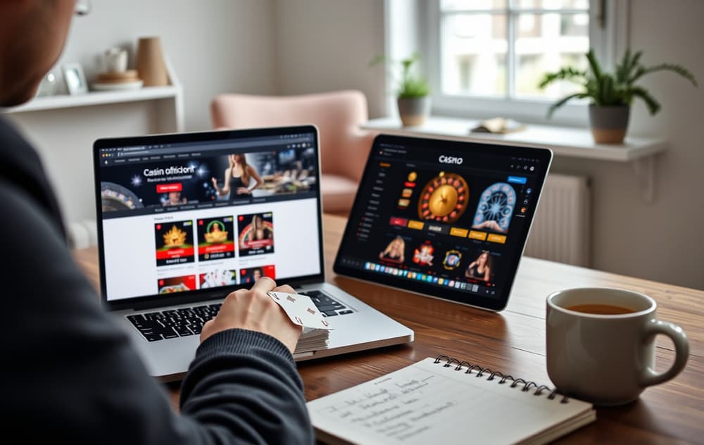 Person som sammenligner nettcasinoer på laptop med notater og kaffekopp