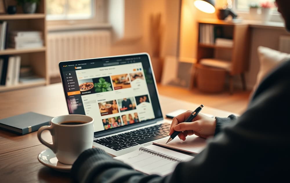 Sammenligning av norske casinoer på laptop med notater og kaffekopp