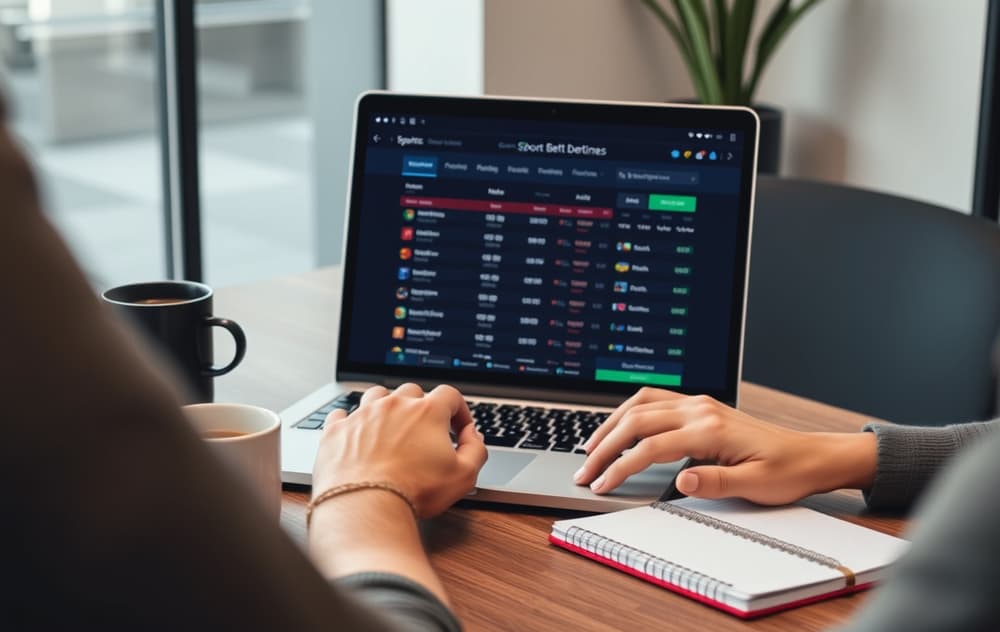 En person som sammenligner odds på en bærbar PC, med notatblokk og kaffe