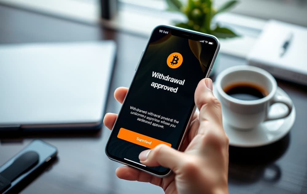 Person som holder mobil med uttaksbekreftelse fra nettcasino, kryptovaluta-symbol synlig.