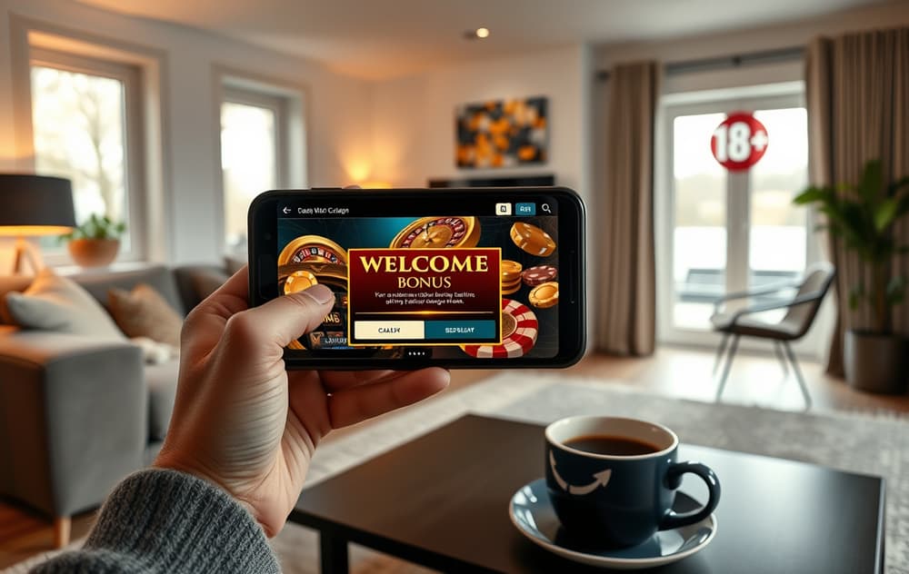 Person som spiller på et nettcasino på mobilen i en norsk stue.