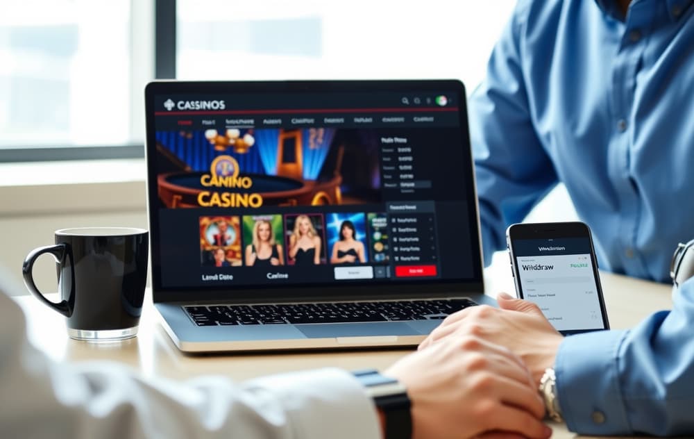 Person som sitter ved en pult og sjekker et nettcasino på laptop, med kaffekopp og mobiltelefon.