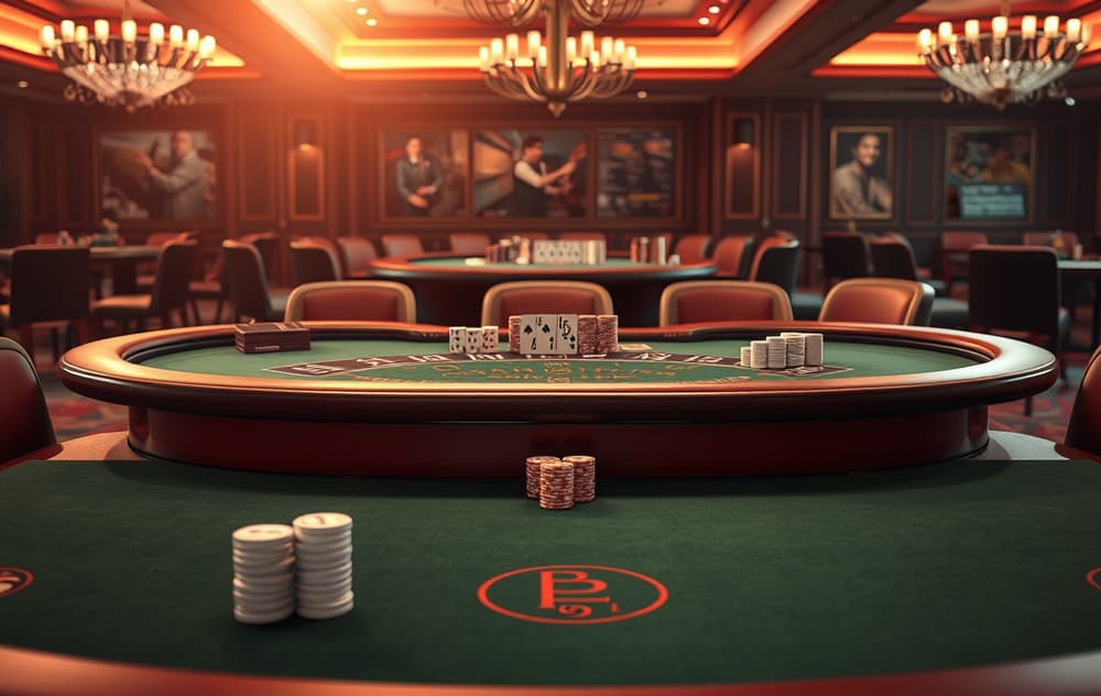 Blackjack-bord med kort og sjetonger, to spillere i bakgrunnen