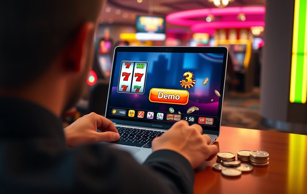 Person som spiller gratis spilleautomater på PC med virtuell saldo