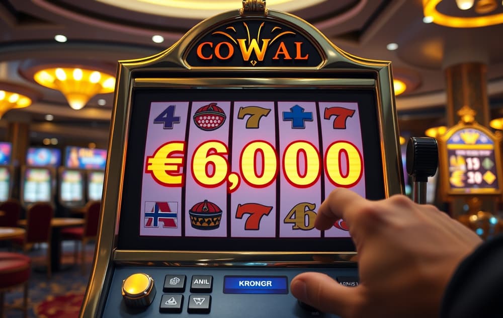 Spilleautomat med progressiv jackpot som viser stor premie i norske kroner, kasinolys og hånd som trykker på spinnknapp