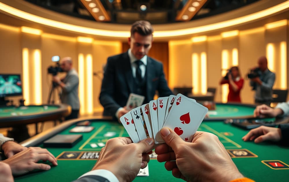 Live casino-bord med ekte dealer og kort, studio med kameraer og grønt filt.