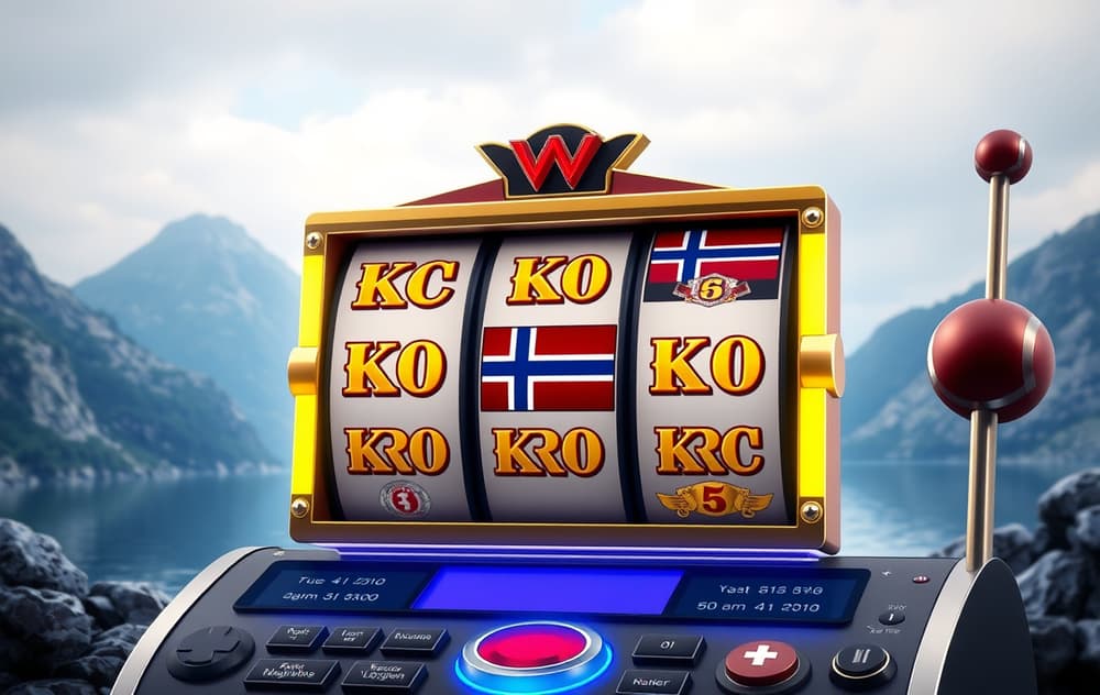Moderne spilleautomat med norske kroner-symboler og fjordbakgrunn.